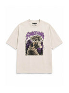 Pug Halloween oversized T-shirt in Vintage White featuring a Pug looking back in a spooky graveyard, front view