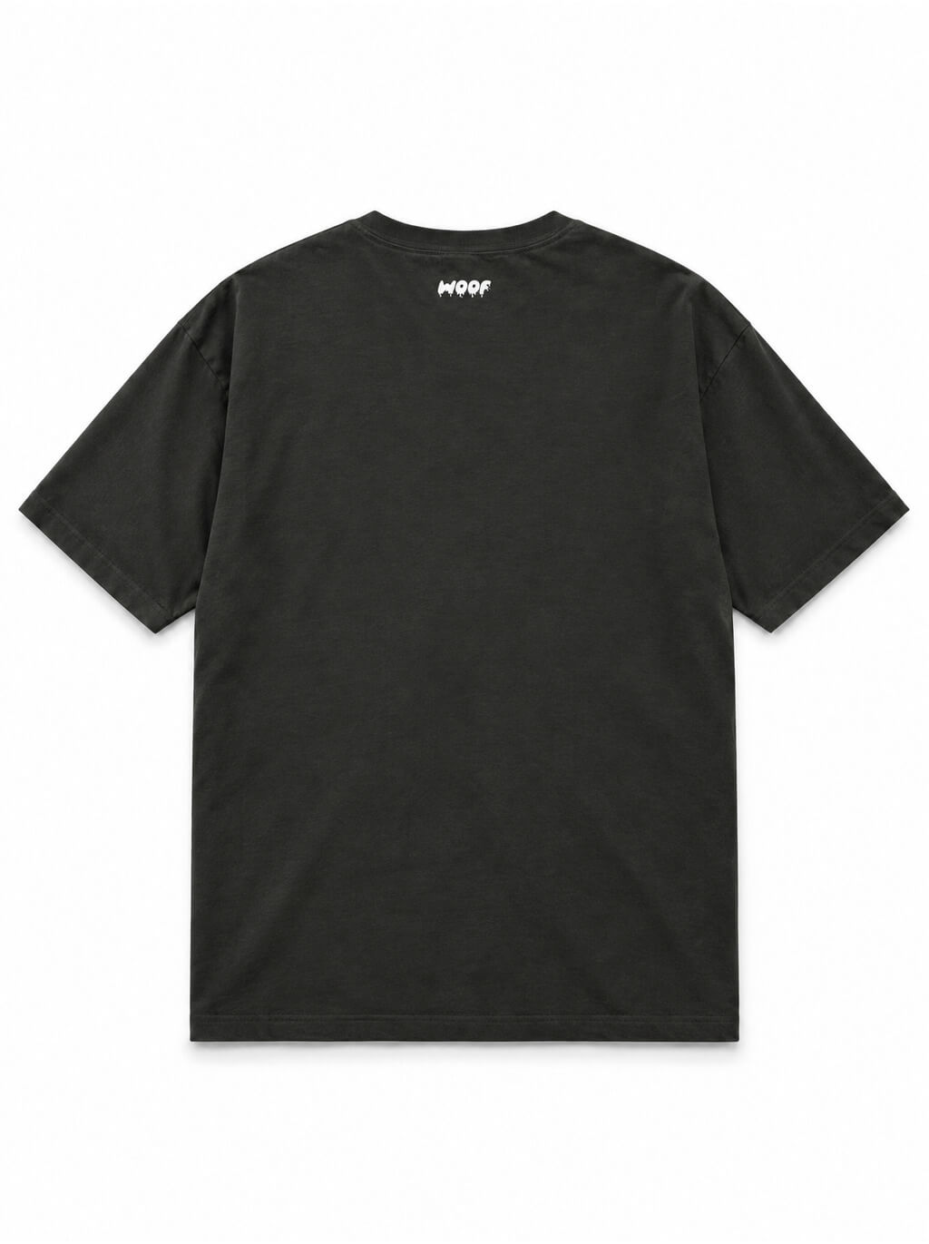 Back of the Pug Halloween oversized T-shirt in Washed Black with small WOOF logo below the collar