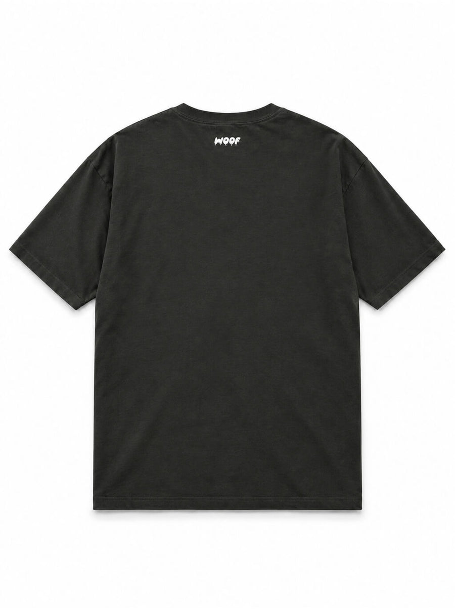 Back of the Pug Halloween oversized T-shirt in Washed Black with small WOOF logo below the collar