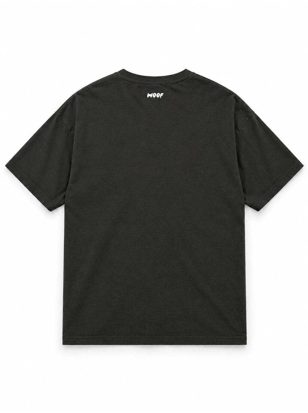 Back of the Pumpkin Loaf Corgi oversized Halloween T-shirt in Washed Black with small WOOF logo below the collar