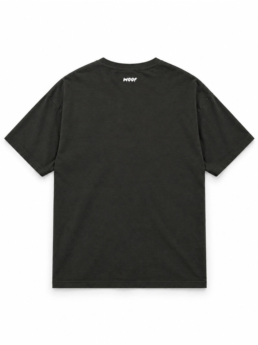 Back of the Pumpkin Loaf Corgi oversized Halloween T-shirt in Washed Black with small WOOF logo below the collar
