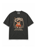 Pumpkin Loaf Corgi oversized Halloween T-shirt in Washed Black featuring a Corgi in a jack-o'-lantern in a graveyard, front view