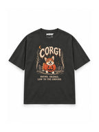 Pumpkin Loaf Corgi oversized Halloween T-shirt in Washed Black featuring a Corgi in a jack-o'-lantern in a graveyard, front view