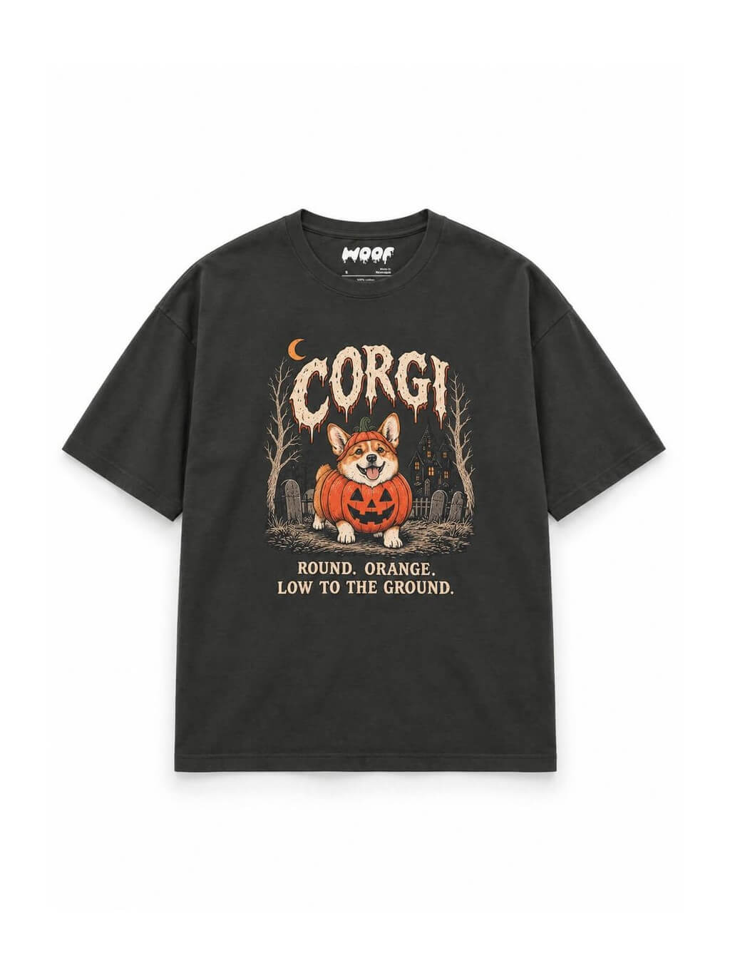 Pumpkin Loaf Corgi oversized Halloween T-shirt in Washed Black featuring a Corgi in a jack-o'-lantern in a graveyard, front view