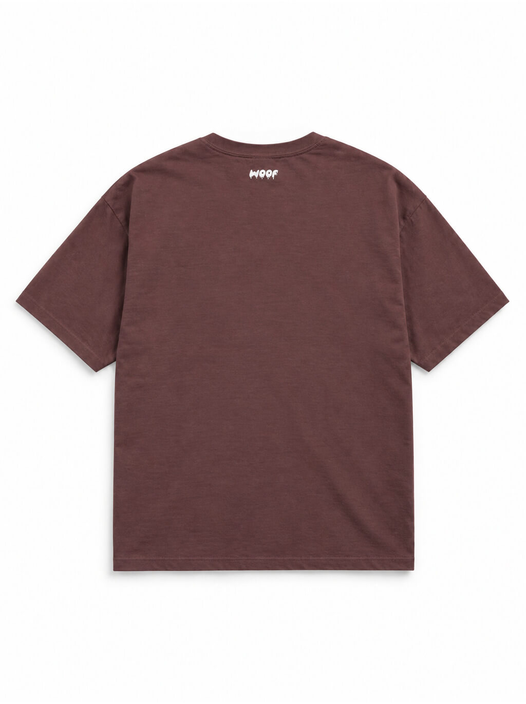 Back of the Pumpkin Loaf Corgi oversized Halloween T-shirt in Washed Maroon with small WOOF logo below the collar