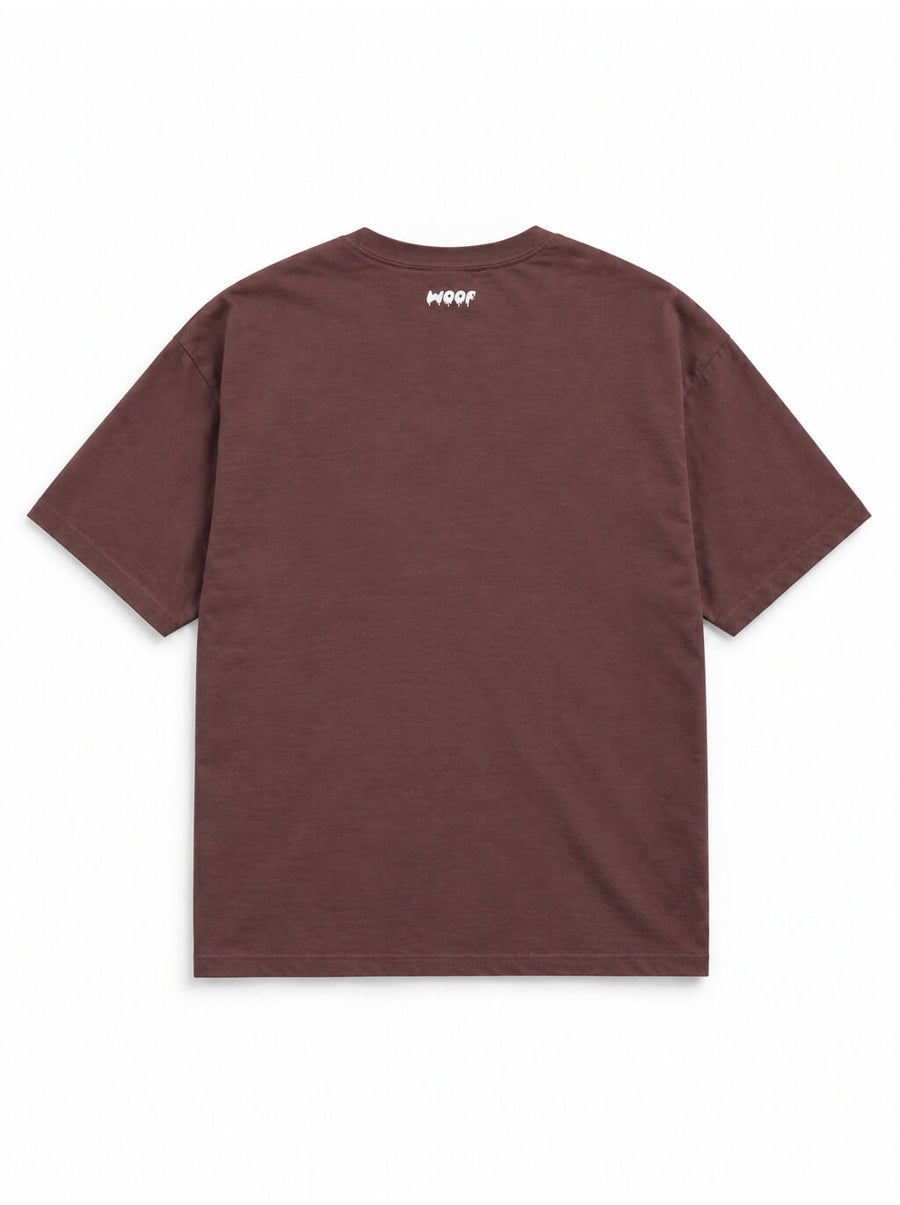 Back of the Pumpkin Loaf Corgi oversized Halloween T-shirt in Washed Maroon with small WOOF logo below the collar