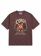Pumpkin Loaf Corgi oversized Halloween T-shirt in Washed Maroon featuring a Corgi in a jack-o'-lantern in a graveyard, front view