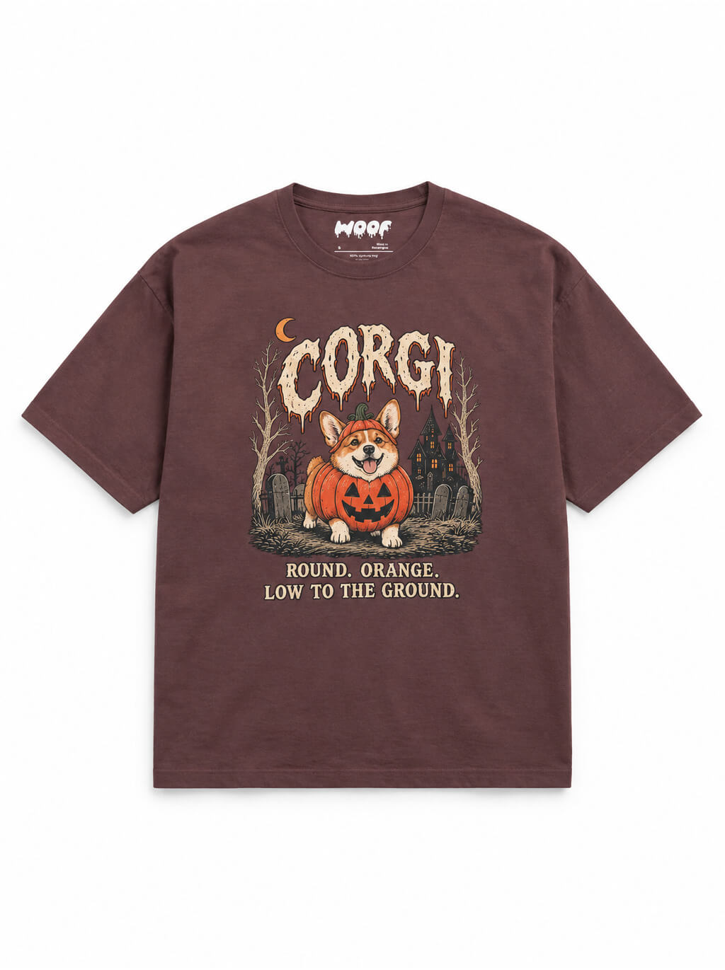 Pumpkin Loaf Corgi oversized Halloween T-shirt in Washed Maroon featuring a Corgi in a jack-o'-lantern in a graveyard, front view