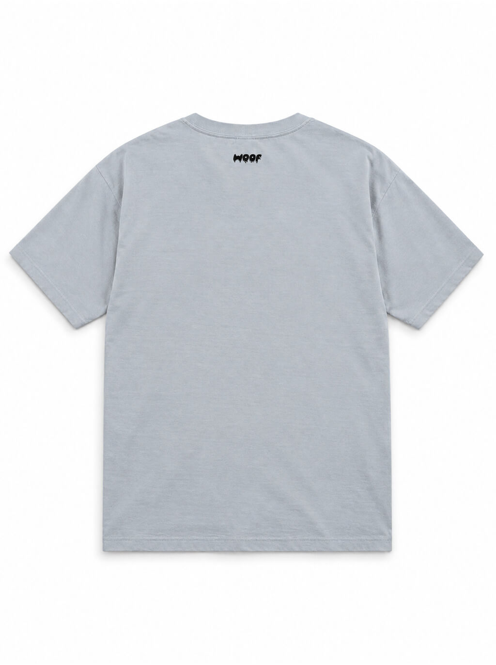 Back of the Pumpkin Patch Corgi oversized Halloween T-shirt in Light Washed Denim with small WOOF logo below the collar
