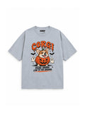 Pumpkin Patch Corgi oversized Halloween T-shirt in Light Washed Denim featuring a Corgi in a jack-o'-lantern with little ghosts, front view