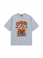 Pumpkin Patch Corgi oversized Halloween T-shirt in Light Washed Denim featuring a Corgi in a jack-o'-lantern with little ghosts, front view