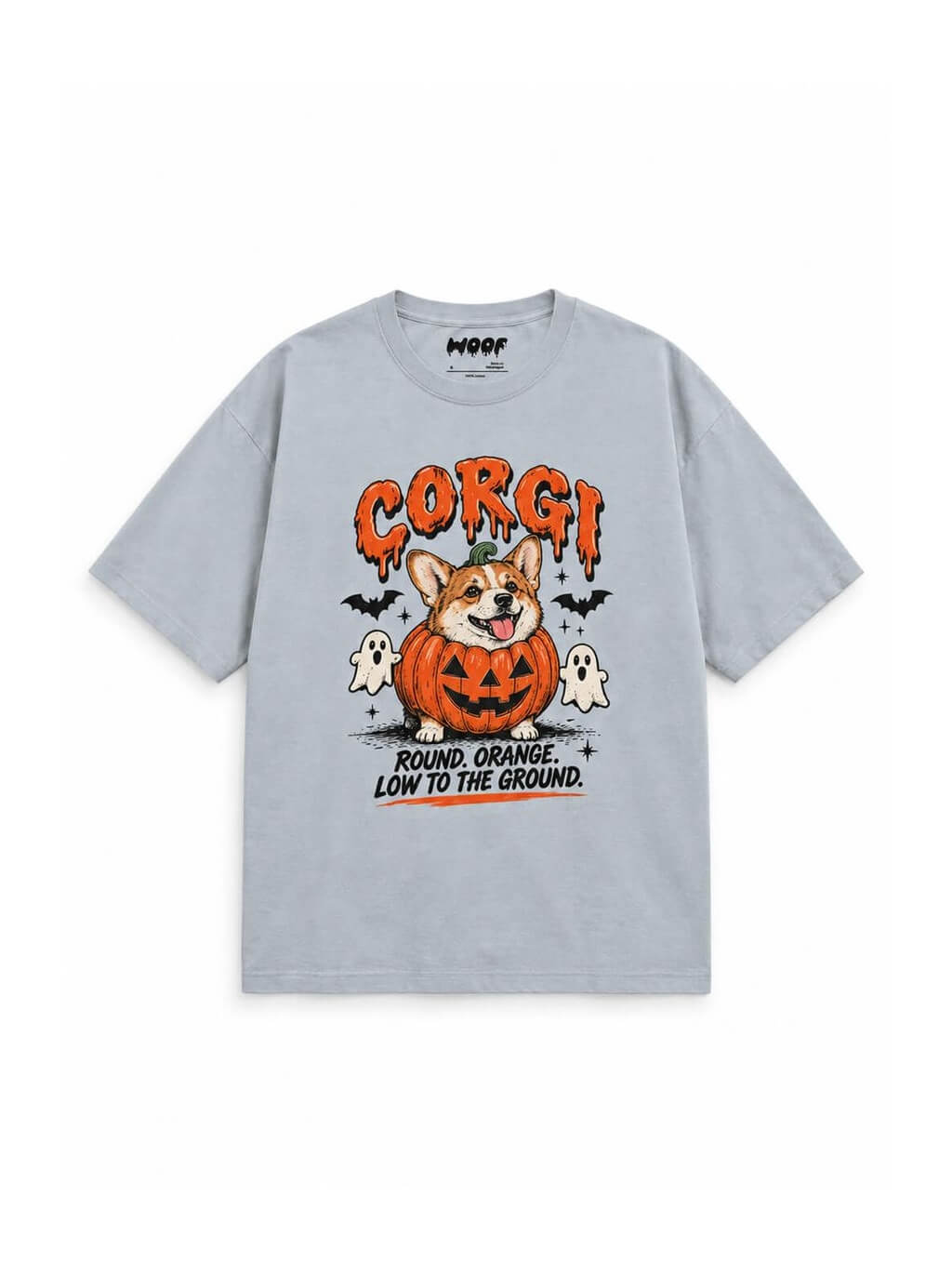 Pumpkin Patch Corgi oversized Halloween T-shirt in Light Washed Denim featuring a Corgi in a jack-o'-lantern with little ghosts, front view
