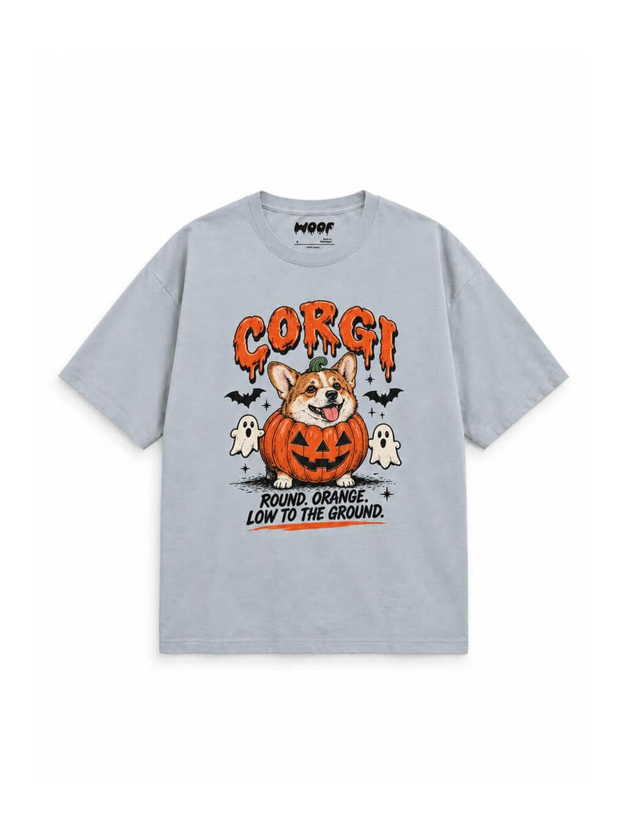 Pumpkin Patch Corgi oversized Halloween T-shirt in Light Washed Denim featuring a Corgi in a jack-o'-lantern with little ghosts, front view