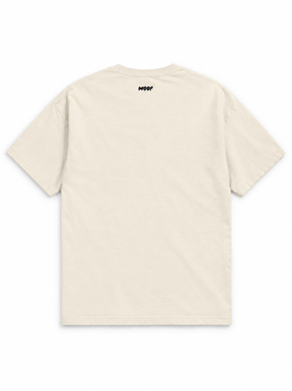 Back of the Pumpkin Patch Corgi oversized Halloween T-shirt in Vintage White with small WOOF logo below the collar