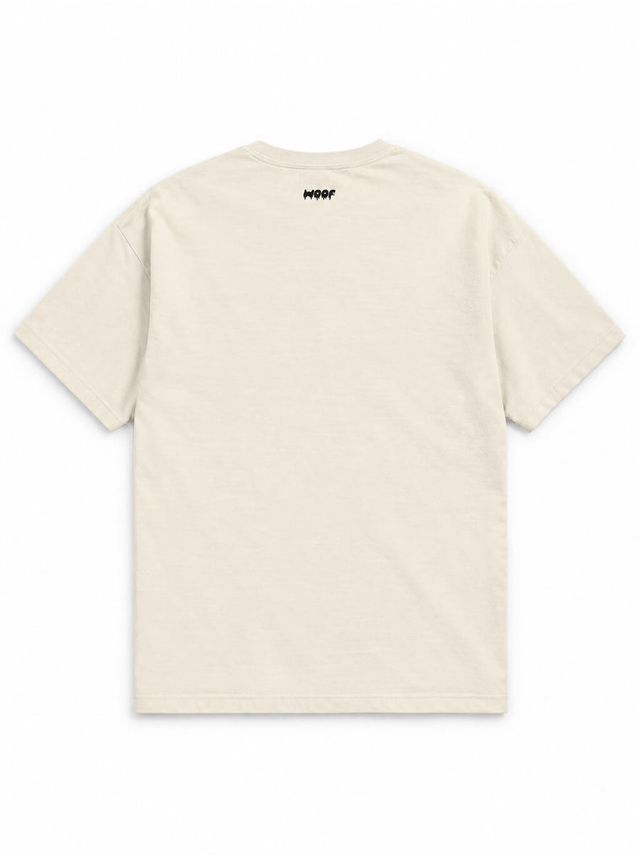 Back of the Pumpkin Patch Corgi oversized Halloween T-shirt in Vintage White with small WOOF logo below the collar