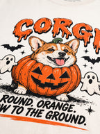 Close-up of the "Corgi – Round. Orange. Low to the Ground." print with a Corgi in a jack-o'-lantern with little ghosts on the Vintage White tee