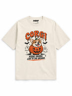 Pumpkin Patch Corgi oversized Halloween T-shirt in Vintage White featuring a Corgi in a jack-o'-lantern with little ghosts, front view