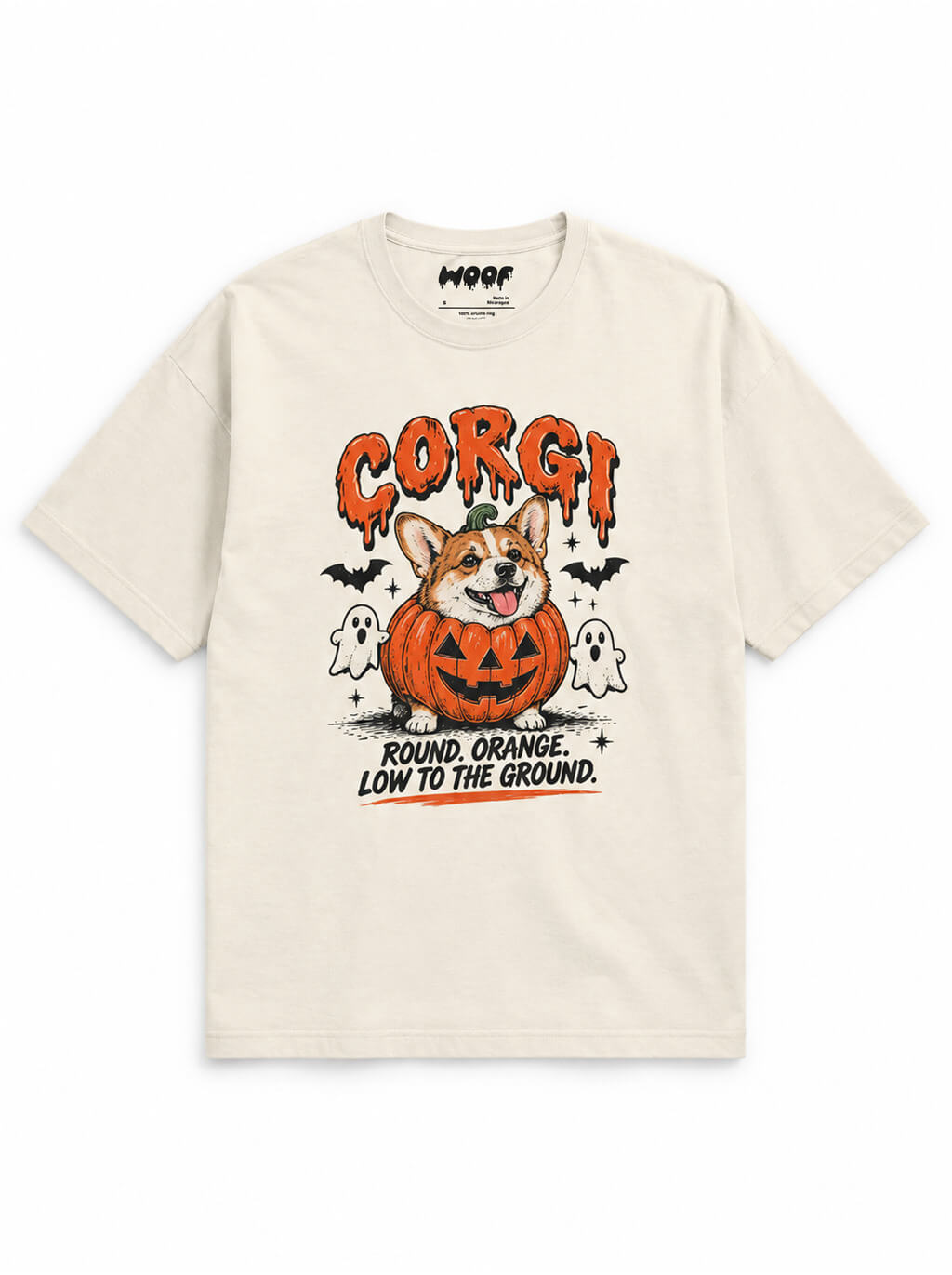 Pumpkin Patch Corgi oversized Halloween T-shirt in Vintage White featuring a Corgi in a jack-o'-lantern with little ghosts, front view
