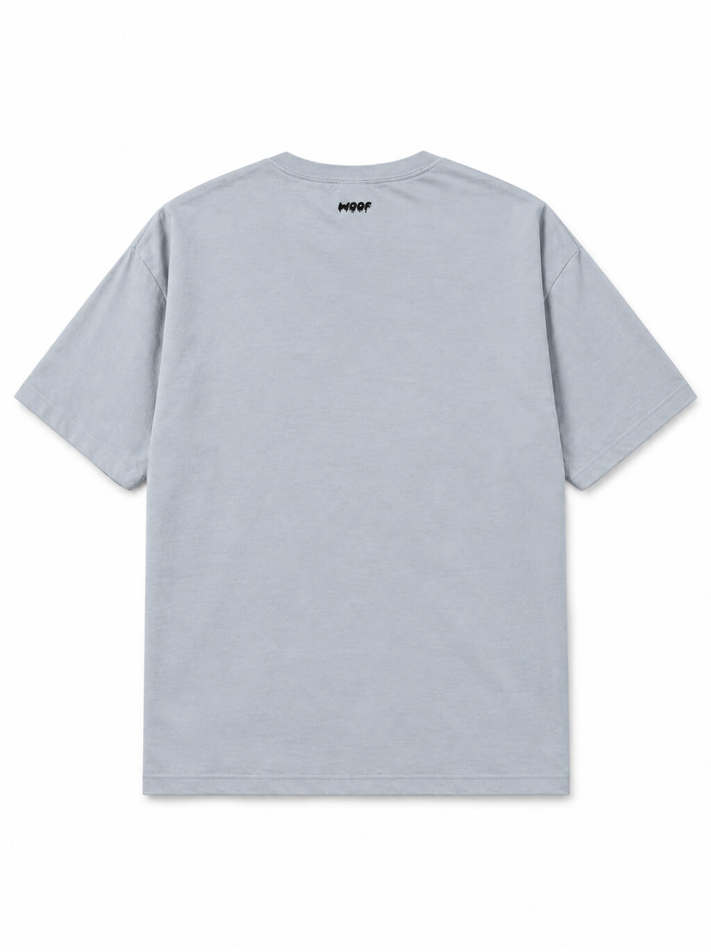 Back of the Skeleton Dachshund oversized Halloween T-shirt in Light Washed Denim with small WOOF logo below the collar