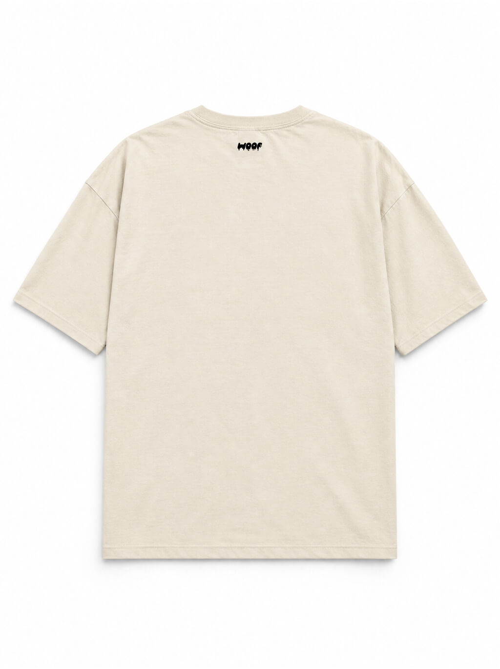 Back of the Skeleton Dachshund oversized Halloween T-shirt in Vintage White with small WOOF logo below the collar