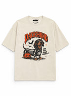 Skeleton Dachshund oversized Halloween T-shirt in Vintage White featuring a Dachshund in a skeleton costume with pumpkins, front view