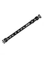 Skeleton dog collar in black with white skull and bone print and quick-release buckle