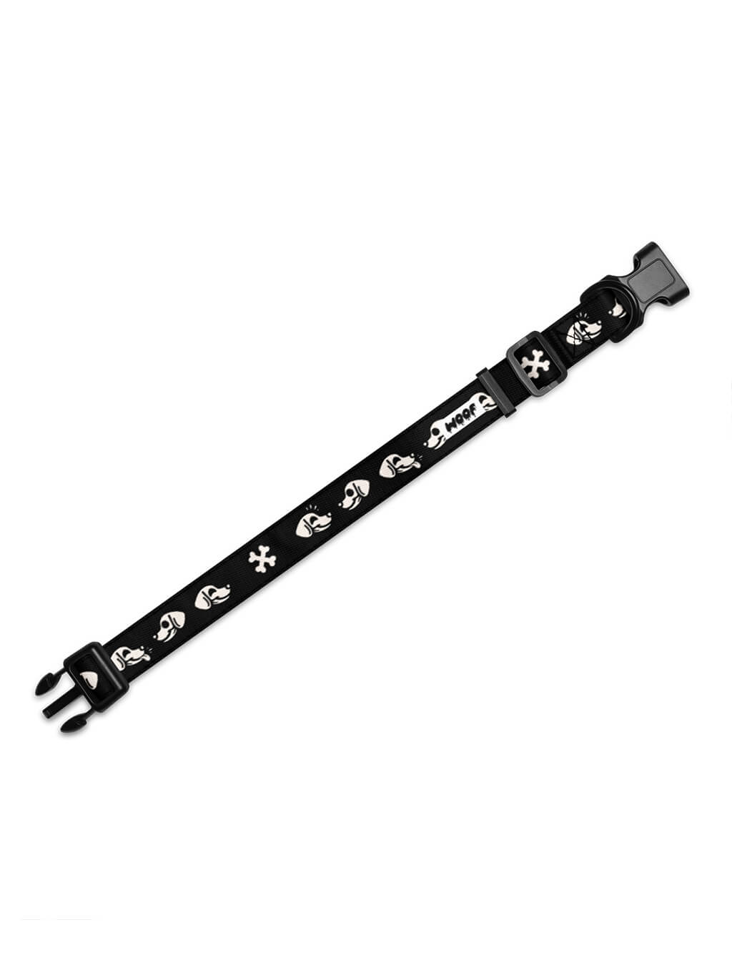 Skeleton dog collar in black with white skull and bone print and quick-release buckle