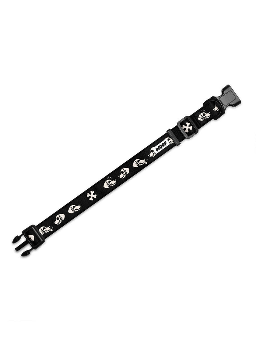 Skeleton dog collar in black with white skull and bone print and quick-release buckle
