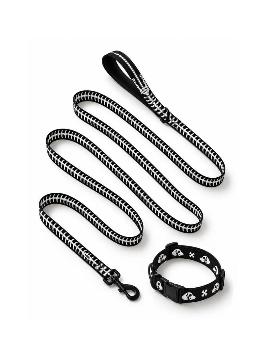 Skeleton dog collar and leash set in black with a white bone print, laid out flat