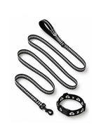Skeleton dog collar and leash set in black with a white bone print, laid out flat