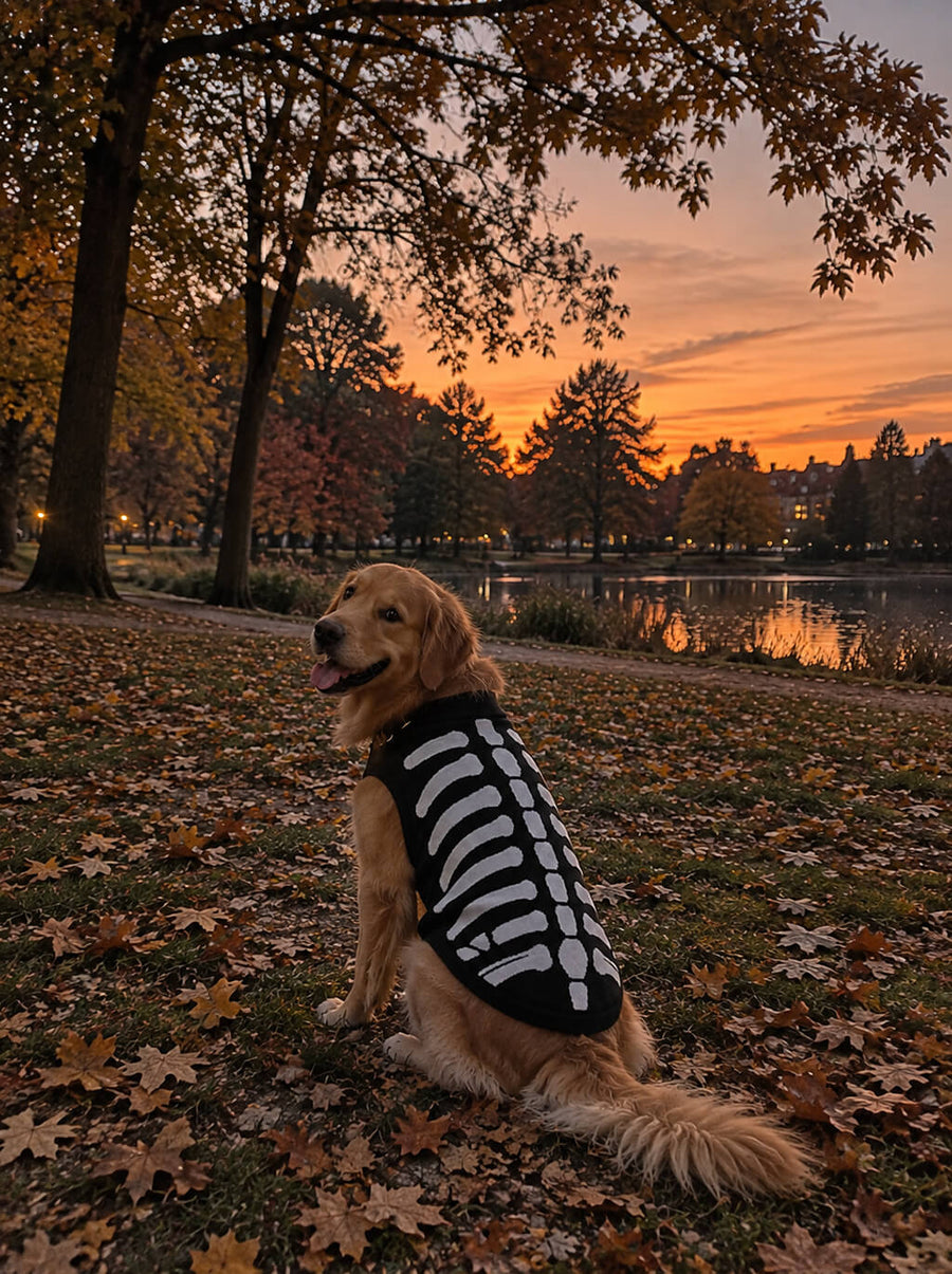 Golden Retriever wearing the black Skeleton knitted dog sweater in an autumn park at sunset