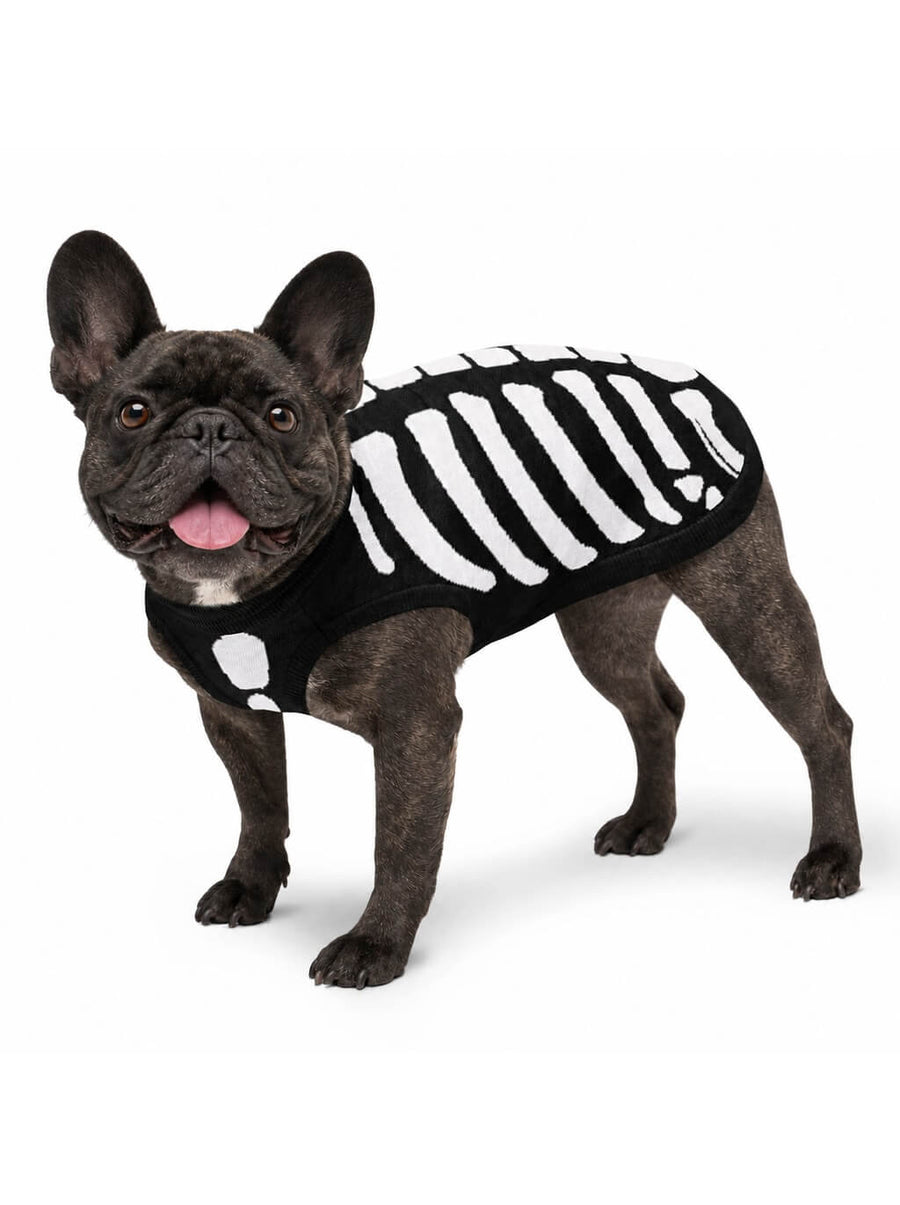 Side view of the black Skeleton knitted dog sweater with white bones on a French Bulldog