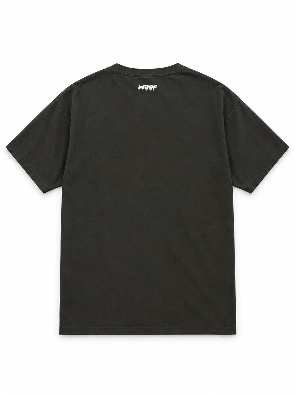 Back of the Spooky Corgi oversized Halloween T-shirt in Washed Black with small WOOF logo below the collar