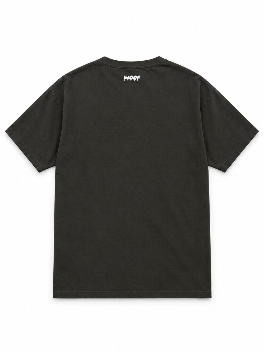 Back of the Spooky Corgi oversized Halloween T-shirt in Washed Black with small WOOF logo below the collar