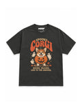 Spooky Corgi oversized Halloween T-shirt in Washed Black featuring a Corgi in a jack-o'-lantern with ghosts, front view