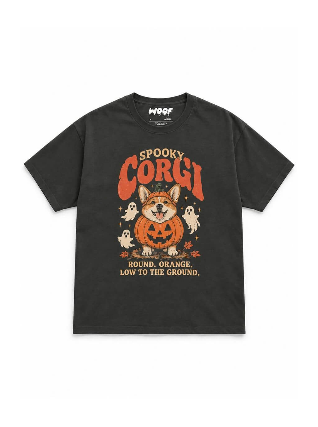 Spooky Corgi oversized Halloween T-shirt in Washed Black featuring a Corgi in a jack-o'-lantern with ghosts, front view