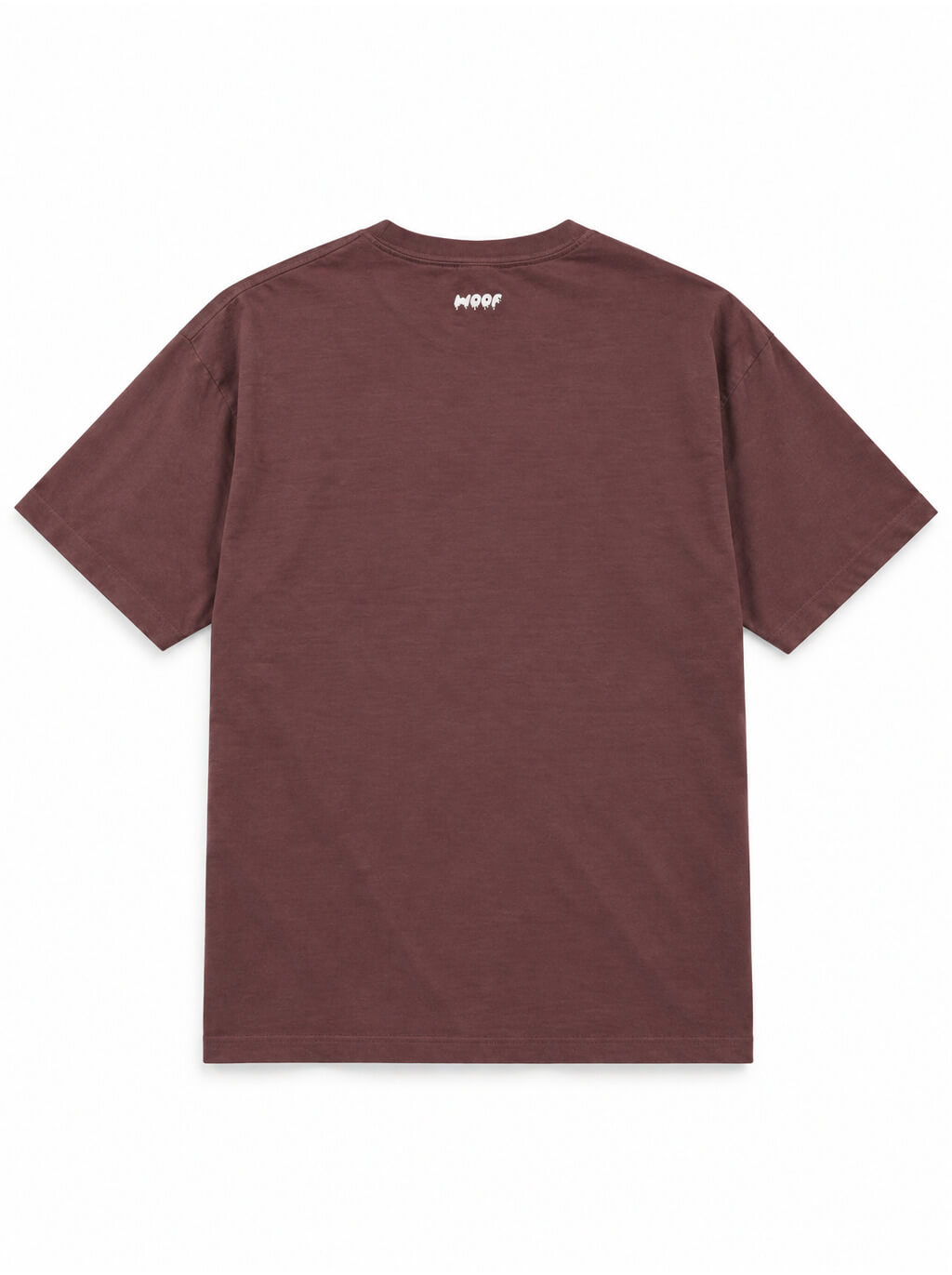 Back of the Spooky Corgi oversized Halloween T-shirt in Washed Maroon with small WOOF logo below the collar