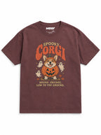 Spooky Corgi oversized Halloween T-shirt in Washed Maroon featuring a Corgi in a jack-o'-lantern with ghosts, front view