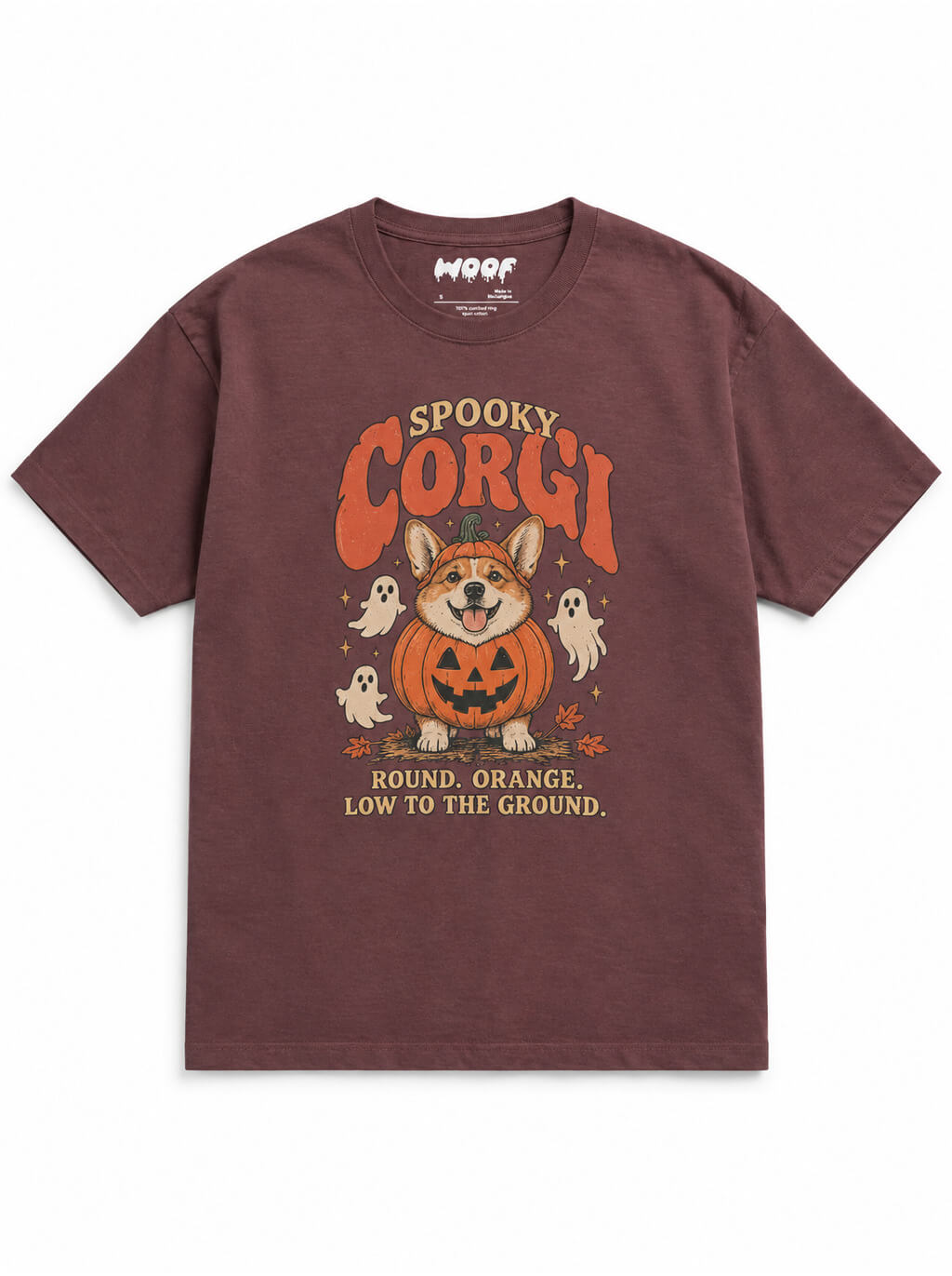 Spooky Corgi oversized Halloween T-shirt in Washed Maroon featuring a Corgi in a jack-o'-lantern with ghosts, front view