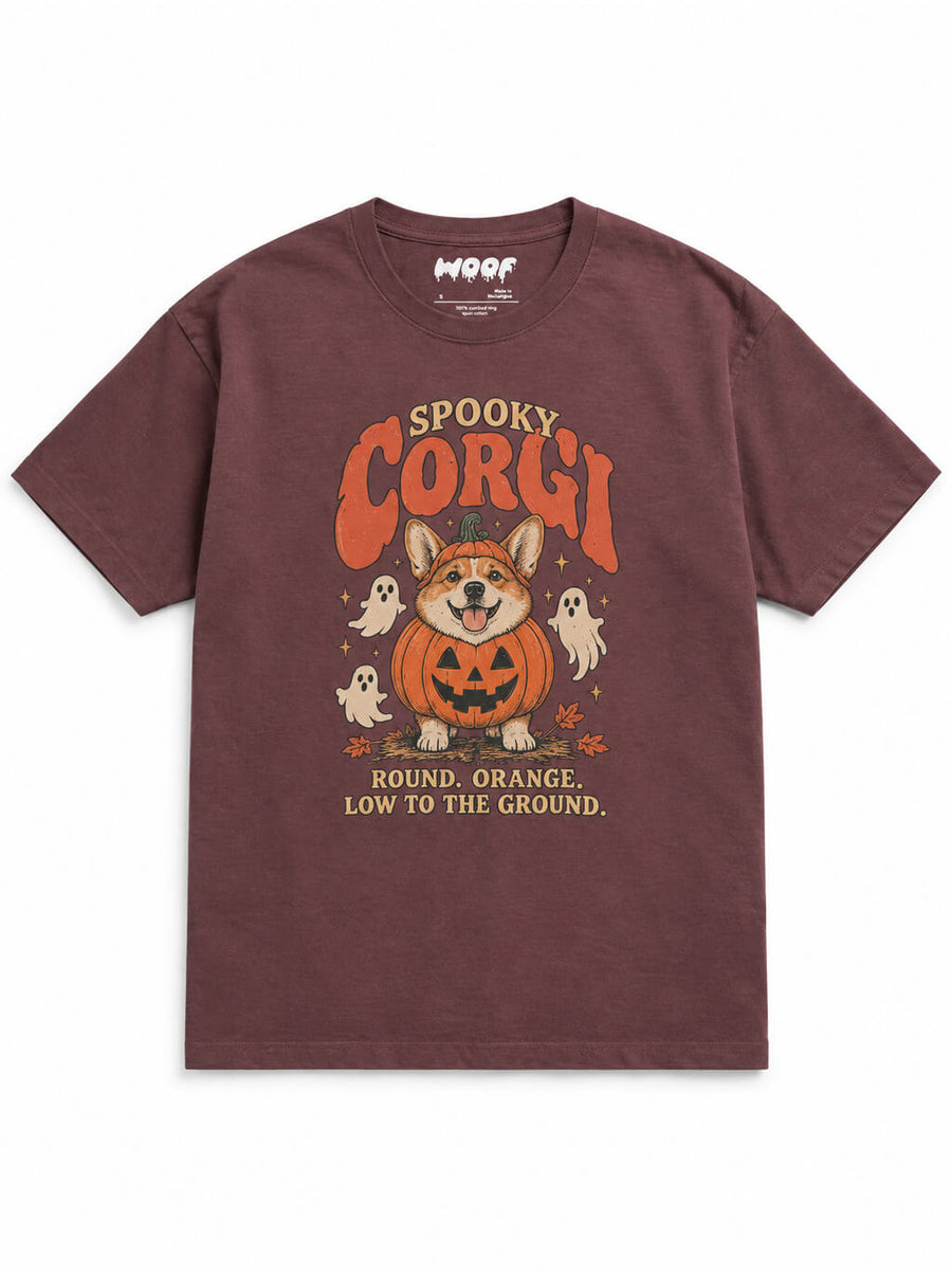 Spooky Corgi oversized Halloween T-shirt in Washed Maroon featuring a Corgi in a jack-o'-lantern with ghosts, front view