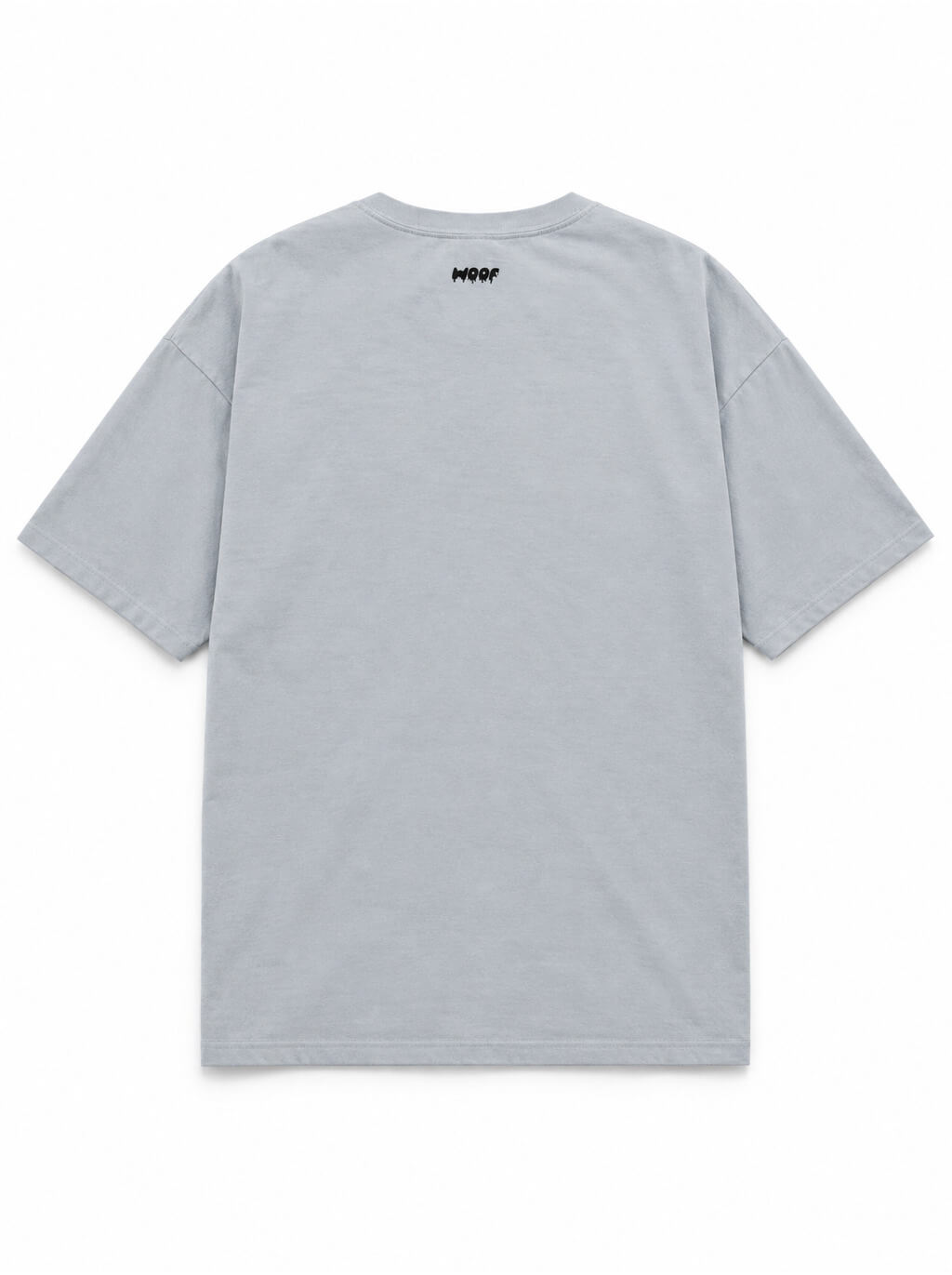 Back of the Spooky Great Dane oversized Halloween T-shirt in Light Washed Denim with small WOOF logo below the collar
