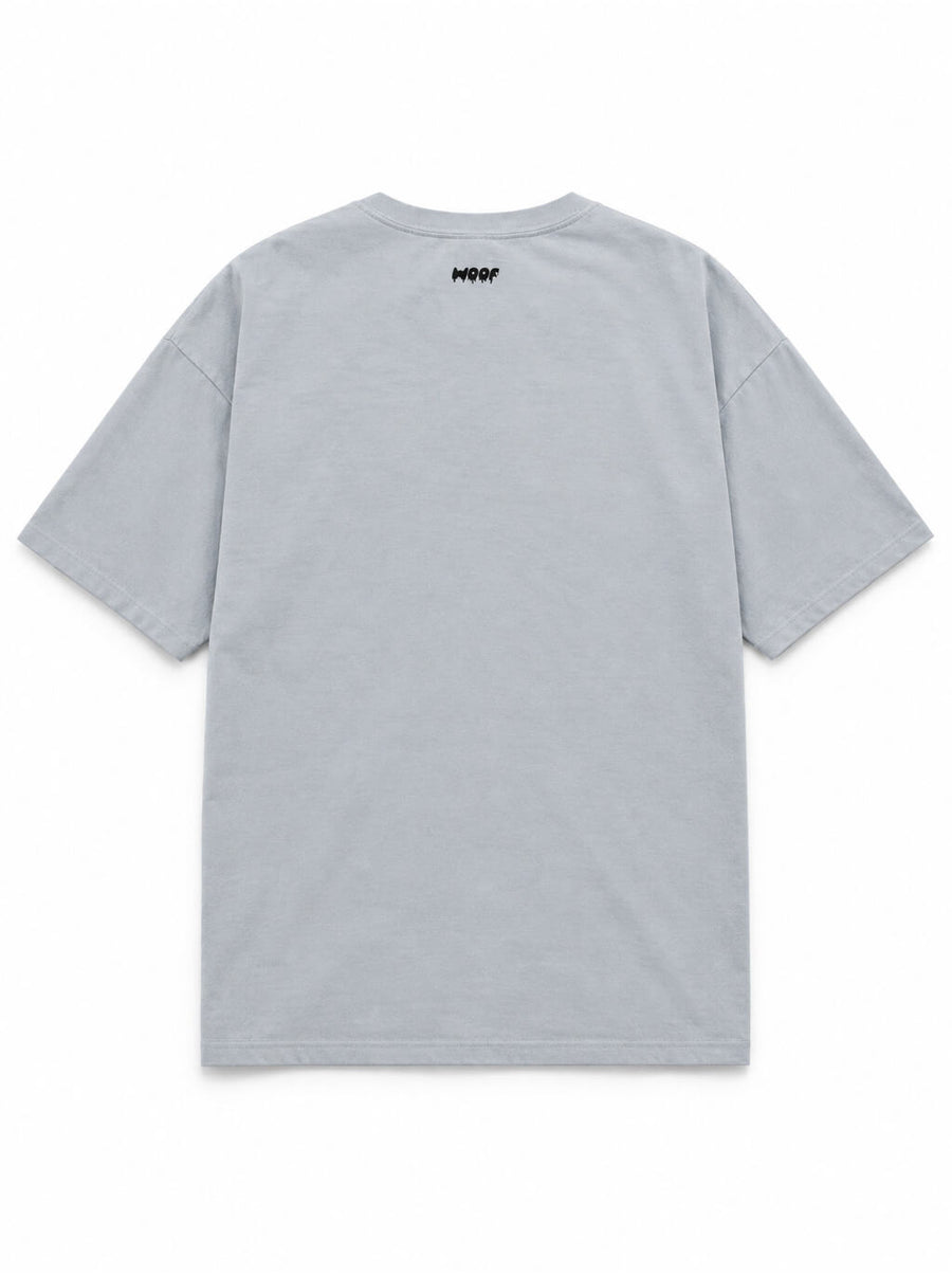 Back of the Spooky Great Dane oversized Halloween T-shirt in Light Washed Denim with small WOOF logo below the collar