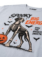 Close-up of the "Spooky Big Energy" print with a skeleton Great Dane with a pumpkin on the Light Washed Denim tee
