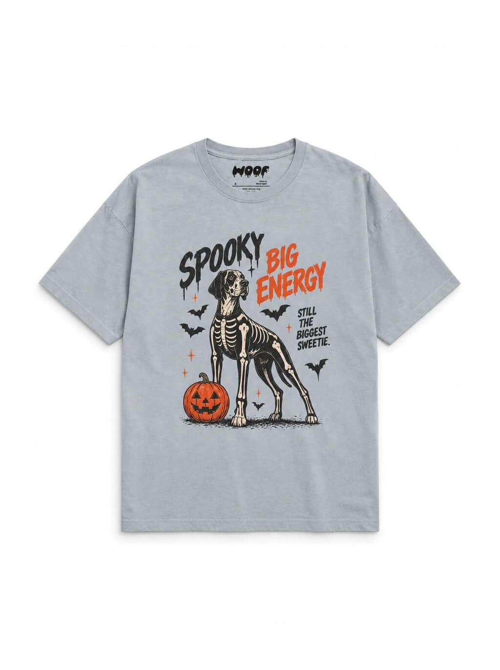 Spooky Great Dane oversized Halloween T-shirt in Light Washed Denim featuring a skeleton Great Dane with a pumpkin, front view