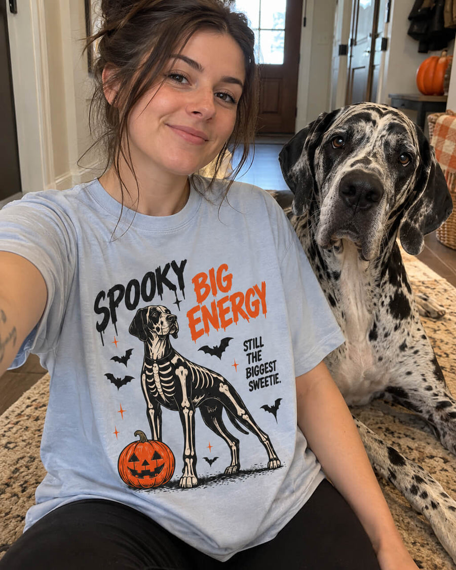 Spooky Great Dane oversized Halloween T-shirt in Light Washed Denim worn by a woman taking a selfie at home with her Harlequin Great Dane