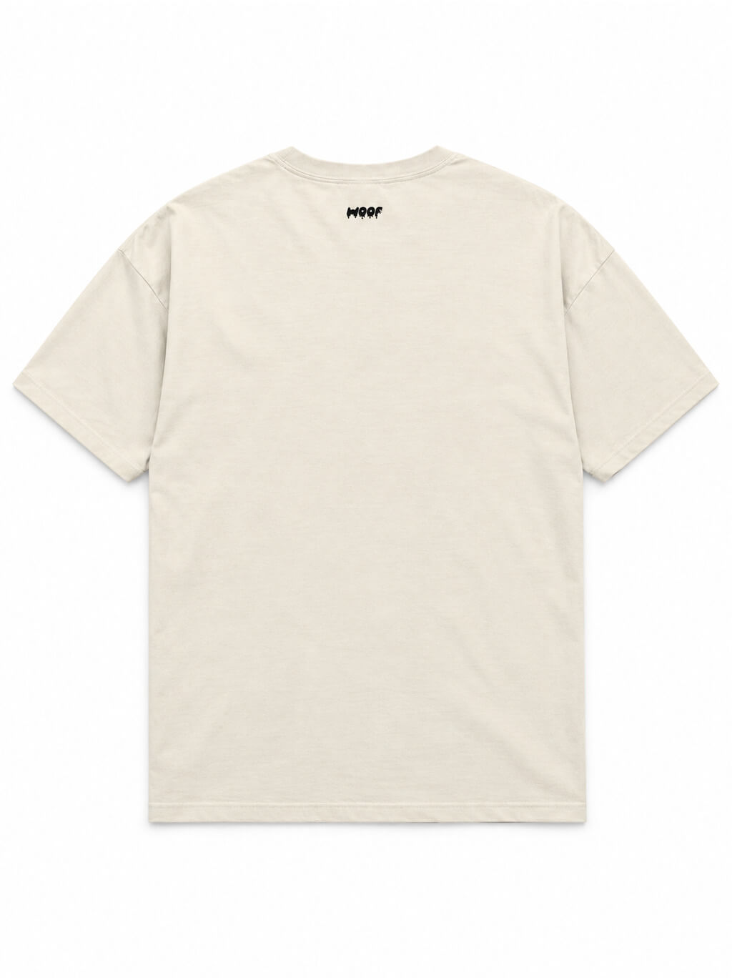 Back of the Spooky Great Dane oversized Halloween T-shirt in Vintage White with small WOOF logo below the collar