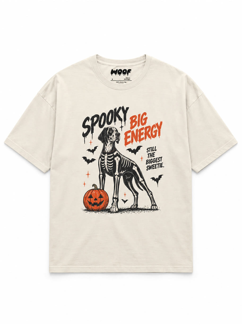 Spooky Great Dane oversized Halloween T-shirt in Vintage White featuring a skeleton Great Dane with a pumpkin, front view