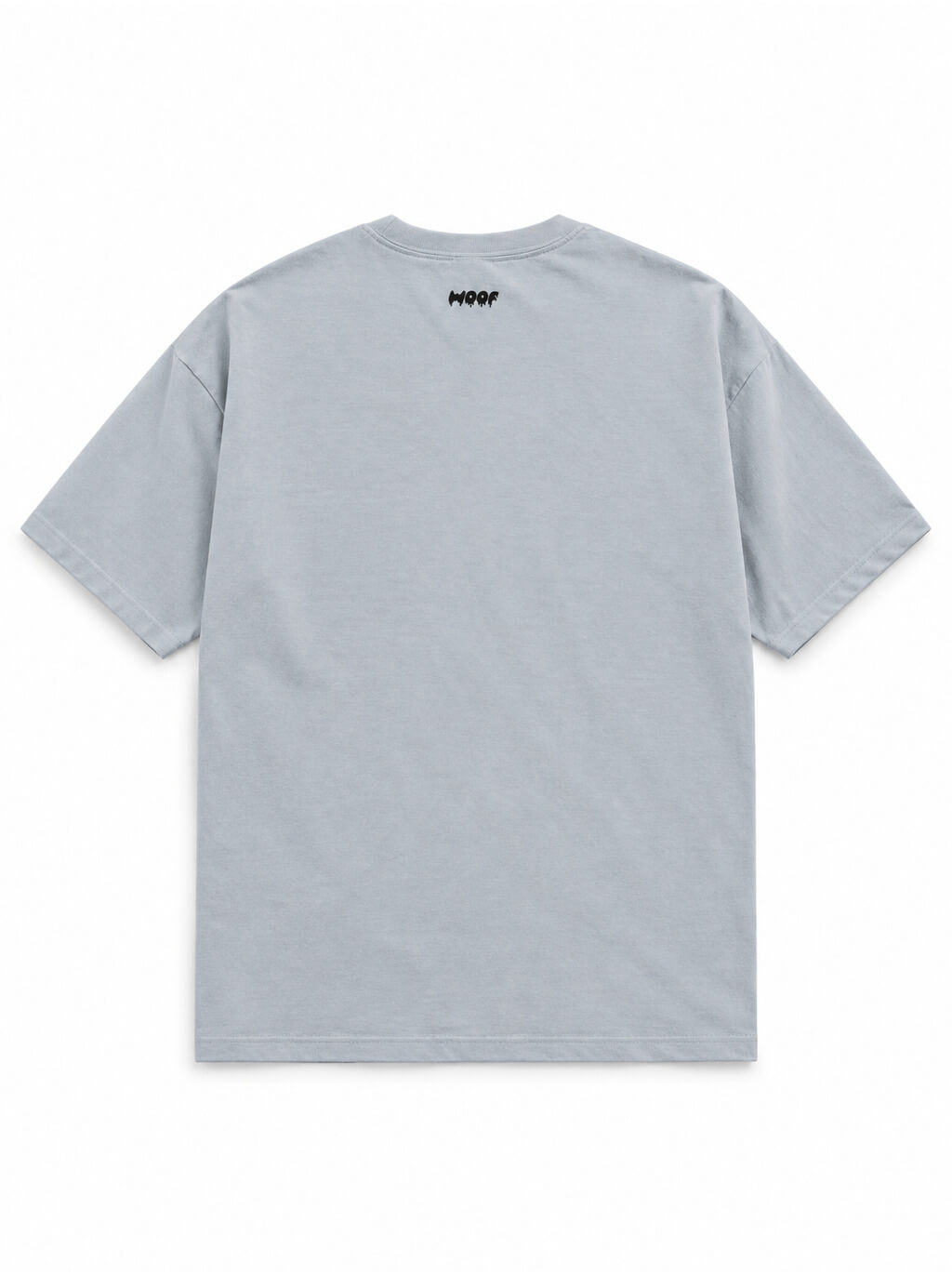 Back of the Treat First Corgi oversized Halloween T-shirt in Light Washed Denim with small WOOF logo below the collar