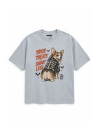 Treat First Corgi oversized Halloween T-shirt in Light Washed Denim featuring a Corgi in a skeleton costume, front view