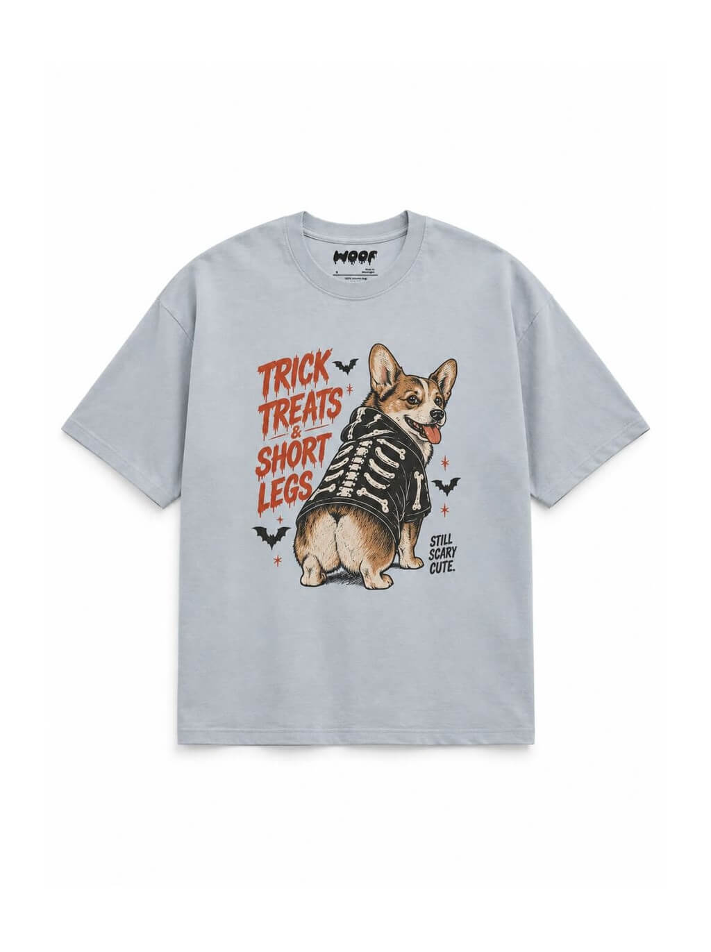 Treat First Corgi oversized Halloween T-shirt in Light Washed Denim featuring a Corgi in a skeleton costume, front view